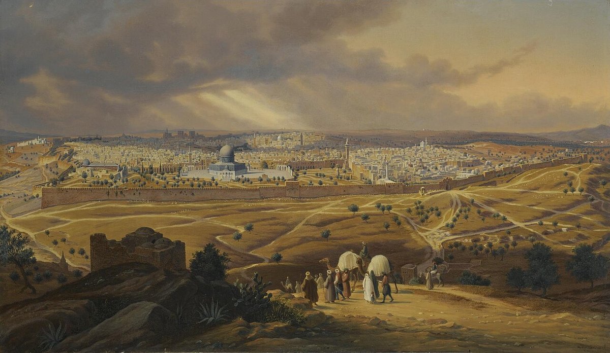 «Vista de Jerusalén desde el monte de los Olivos», pintura de Hubert Sattler, 1847. Muestra la ciudad frente al monte, del lado desde donde habla Zac 14:4; vista de artista del siglo XIX, no una ilustración de la profecía.